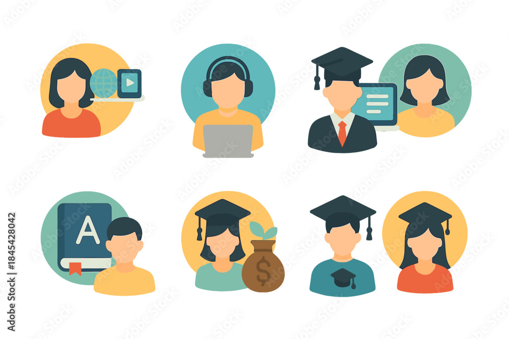 Fototapeta premium Educational icons for students, graduates, online learning, academics, and financial aid