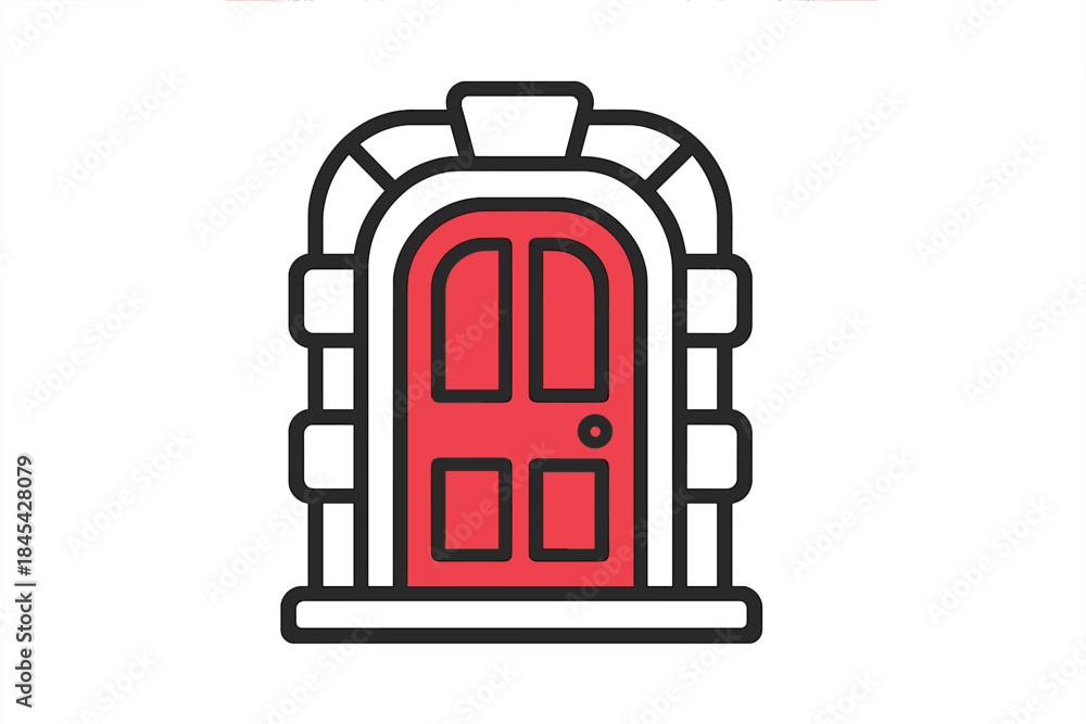 Fototapeta premium Classic arched red door framed by decorative masonry architectural element design