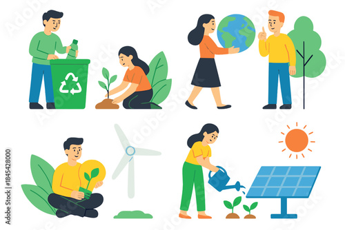 People engaging in environmental protection, recycling, planting trees, and clean energy concepts