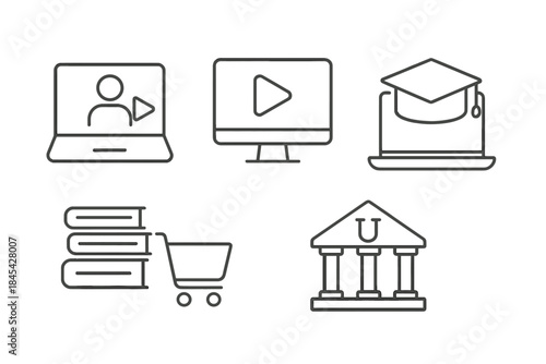 Outline icons set for distance learning, academic study, video courses, and digital knowledge