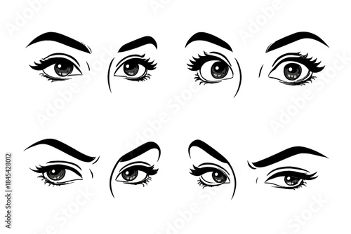 Eight pairs of expressive female eyes with dramatic eyelashes and bold eyebrows