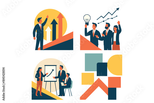 Business professionals pointing to growth arrows, brainstorming ideas, and giving presentations