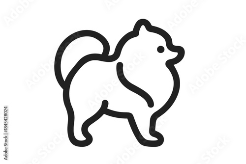 Minimalist black line drawing of a fluffy companion dog breed standing in profile