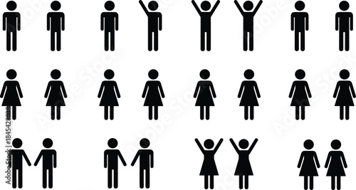Human pictogram icon set showing men women couples gestures activities poses for signage infographic interface design vector illustration