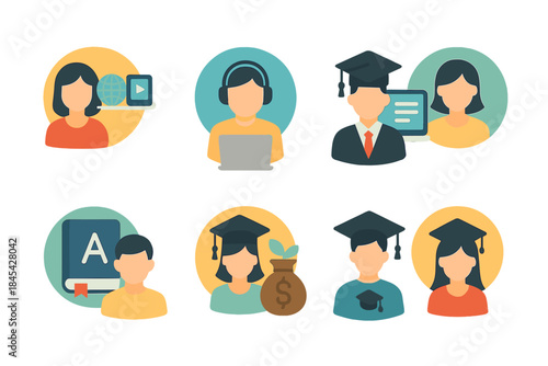 Educational icons for students, graduates, online learning, academics, and financial aid