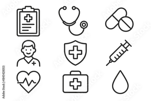 Essential healthcare and medicine subjects including doctor, stethoscope, and first aid kit