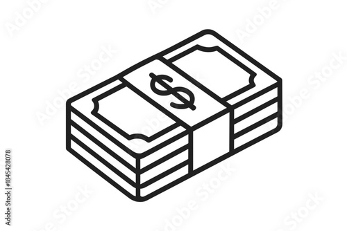 Isometric outline drawing showing a thick bundle of dollar banknotes secured with a band