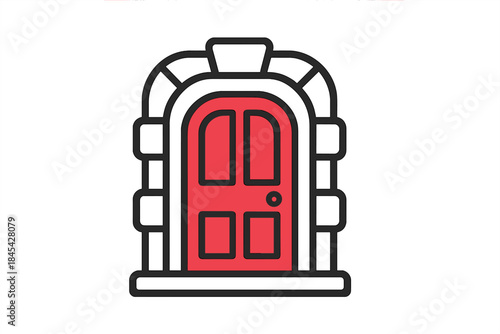 Classic arched red door framed by decorative masonry architectural element design