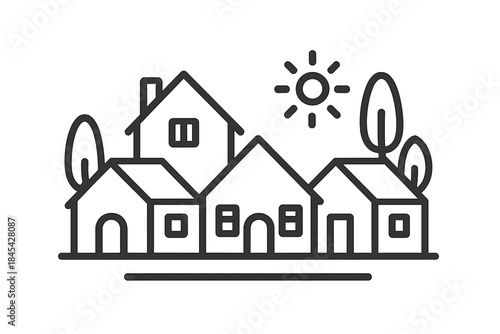 Neighborhood street scene with residential houses, trees, and bright sun