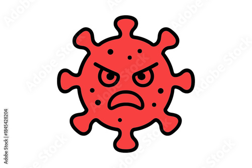 Angry red virus cell with black outline and frowning facial expression