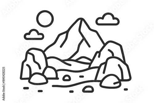 Minimalist black and white majestic mountain peak landscape with sun and clouds