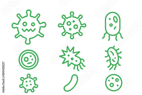 Green outline symbols representing microscopic bacteria, viruses, and germs