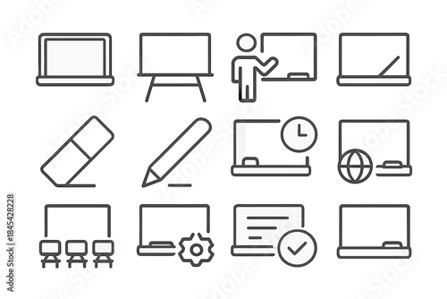 Line icons for school, university, distance education, teacher, student, and study materials