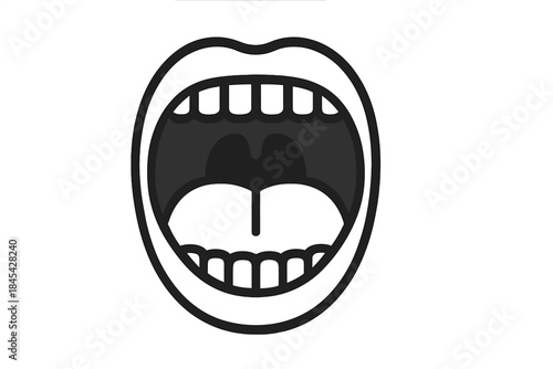 Simple graphic style of a wide open mouth showing teeth and tongue