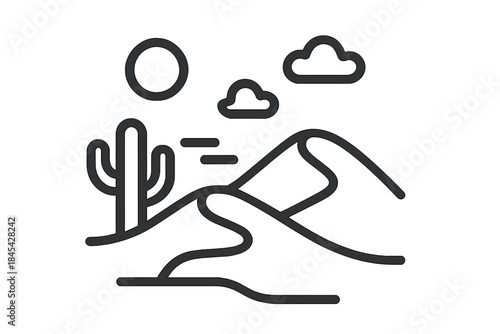 Minimalist desert landscape with saguaro cactus, sand dunes, sun, and clouds