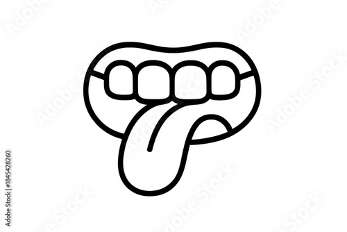 Open mouth showing teeth and tongue sticking out in simple outline style