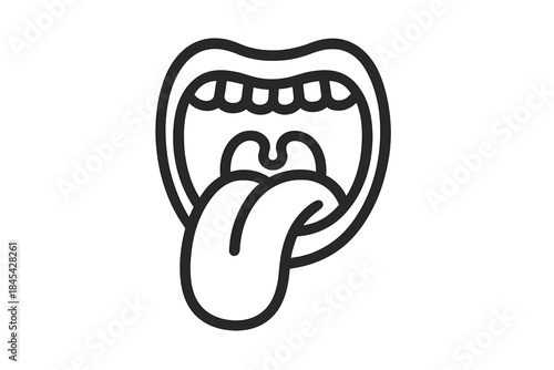 Open human mouth showing teeth and a long tongue sticking out in black and white