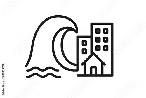 Massive destructive tsunami wave towering over urban coastal architecture