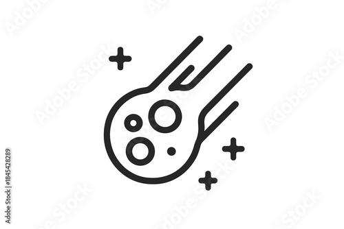 Minimalist black and white graphic depicting a comet or meteoroid traveling through the cosmos
