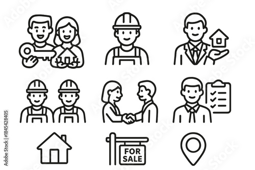 Real estate transaction icons featuring property agents, construction workers, home buyers, and house symbols