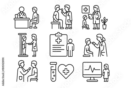 Minimalist outline icons representing medical checkups, doctor visits, and general healthcare services