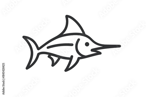 Minimalist black outline drawing of a marlin or swordfish swimming marine animal