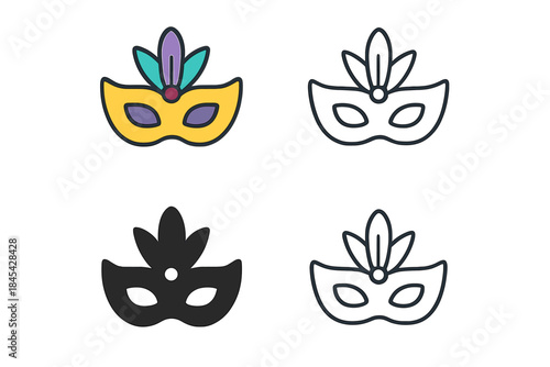 Four different styles of decorative masquerade party masks adorned with elegant feathers
