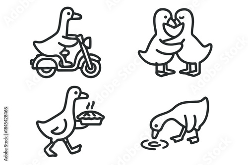 Humorous outline ducks riding a motorbike, hugging, carrying a pie, and drinking water