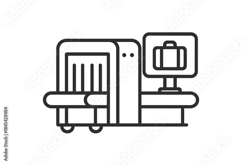 Airport security baggage scanner machine with monitor showing luggage inspection