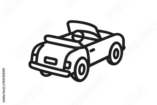 Classic convertible sports car driving on a road trip with a stylized driver figure