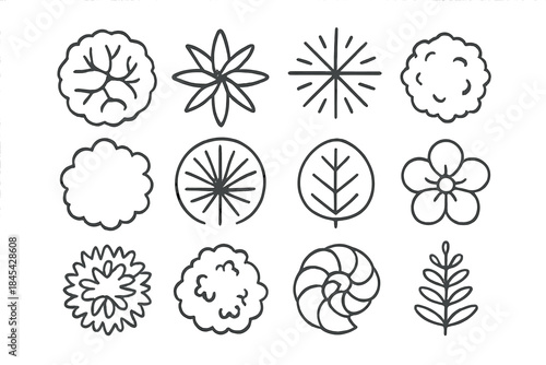 Minimalist line art symbols of trees, shrubs, and foliage for architectural plan layouts
