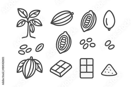 Various elements related to cocoa production including the plant, pod, bean, and finished chocolate bar