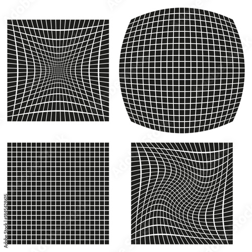 Set of abstract distorted wireframe grid backgrounds. Optical illusion textures.