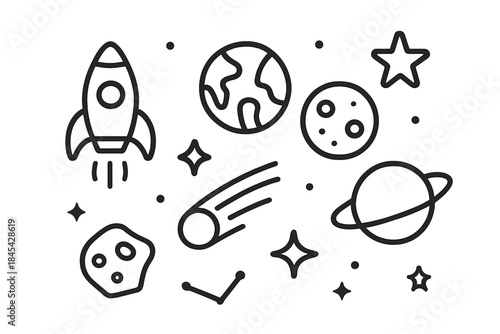 Minimalist line icons representing space elements: rocket, planets, stars, and asteroid