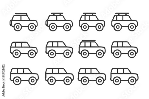 Outline icons of sport utility vehicles and off-road cars with roof racks