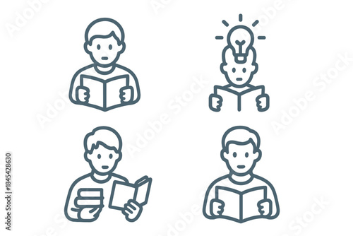 Outline icons set featuring people reading books and acquiring knowledge or new ideas
