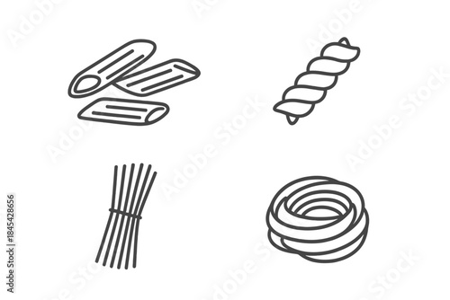 Various Italian pasta shapes including penne, fusilli, spaghetti, and tagliatelle