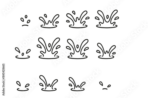 Simple black outline drawings of liquid splash animation frames and droplet icons