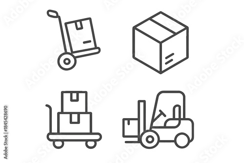 Essential logistics shipping delivery and warehouse equipment symbols outline set