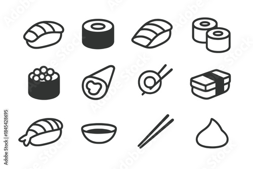 Minimalist black and white symbols for Japanese sushi and dining elements