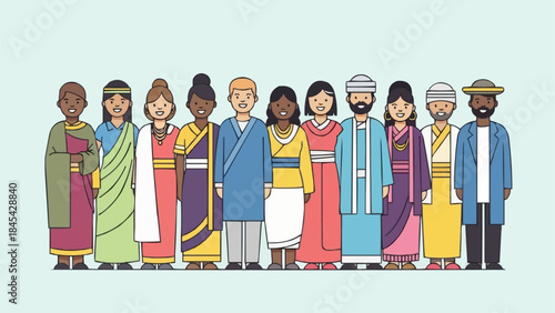 Diverse group of people in traditional clothing standing together representing unity and culture.