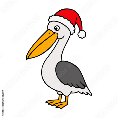 Dibujo sencillo con líneas de pelícano simpático con sombrero de Santa Claus para tarjetas y felicitaciones de Navidad