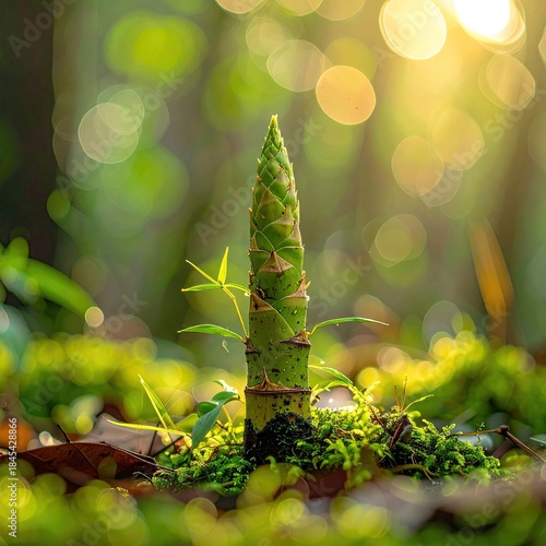 A vibrant bamboo shoot emerges from mossy ground, bathed in morning sun