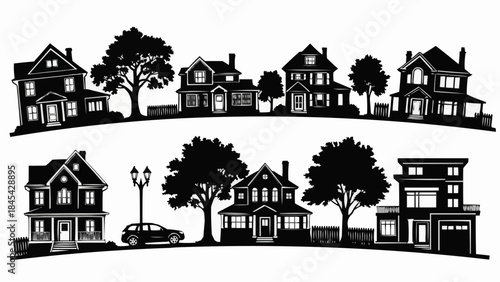 Collection of Diverse Residential Houses and Street Elements in Silhouette.