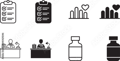 Comprehensive medical and healthcare related icon collection featuring checklist reports heart rate graphs doctors and medicine bottles on a clean background