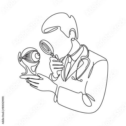 A continuous line drawing of a doctor examining an eye with a magnifying glass