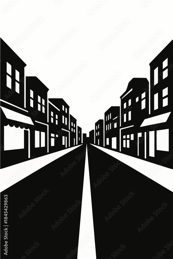 Fototapeta premium Black and White City Street Silhouette Vector with Shops and Buildings