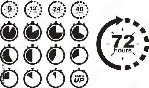 Time countdown icons set 6 12 24 48 72 hours stopwatch progress indicators deadline urgency timer symbols