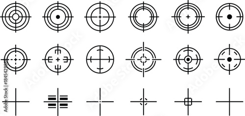 Set of target and crosshair line icons, sniper aim vector illustrations including focus, bullseye, gun scope, and precision symbols for game design.