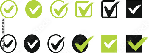 Checkmark icons set green black circle square outline filled brush stroke design elements for approval selection confirmation
